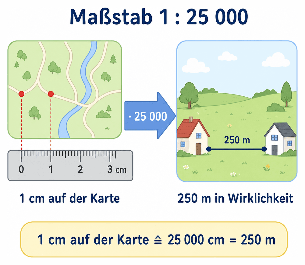 Maßstab 1 zu 25 000 im freundlichen Lernposter-Stil: Links ein Kartenausschnitt mit zwei roten Markierungen, die mit gestrichelten Hilfslinien exakt über den Marken 0 und 1 eines Zentimeter-Lineals stehen; ein blauer Pfeil mit mal 25 000 führt zur Wirklichkeit: zwei Häuser, durch eine Strecke von 250 m verbunden. Ergebnis-Pille: 1 cm auf der Karte entspricht 25 000 cm gleich 250 m.
